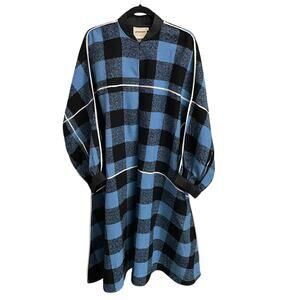LOVEBIRDS Pure Wool Balloon Sleeve Zip Up Maxi Dress Blue Black Plaid Size Large
